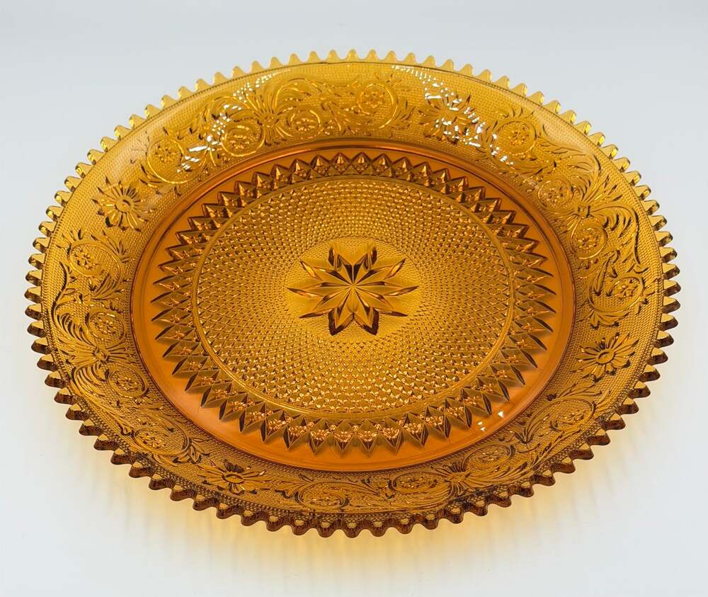 Indiana Sandwich Glass Tiara Amber Large Serving Platter Sawtooth Rim 12"
